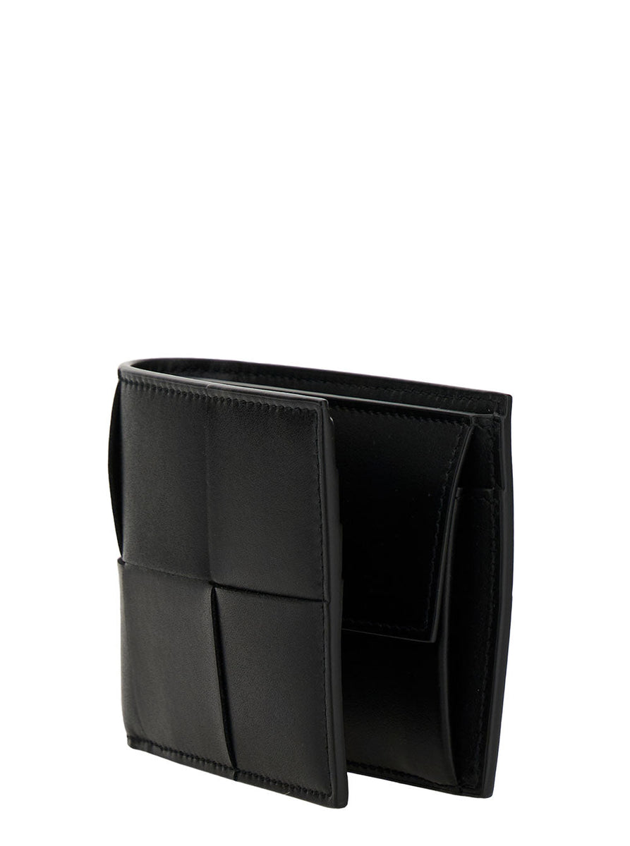 Bottega Veneta Wallets? Bottega Veneta Men 'Cassette' Black Bi-Fold Wallet With Intreccio Motif In Leather Man Compact Luxury Card Wallet