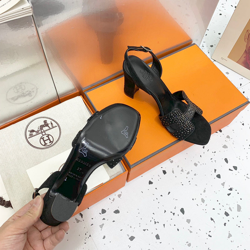 Hermès Grey Block Heel Sandals - Back View