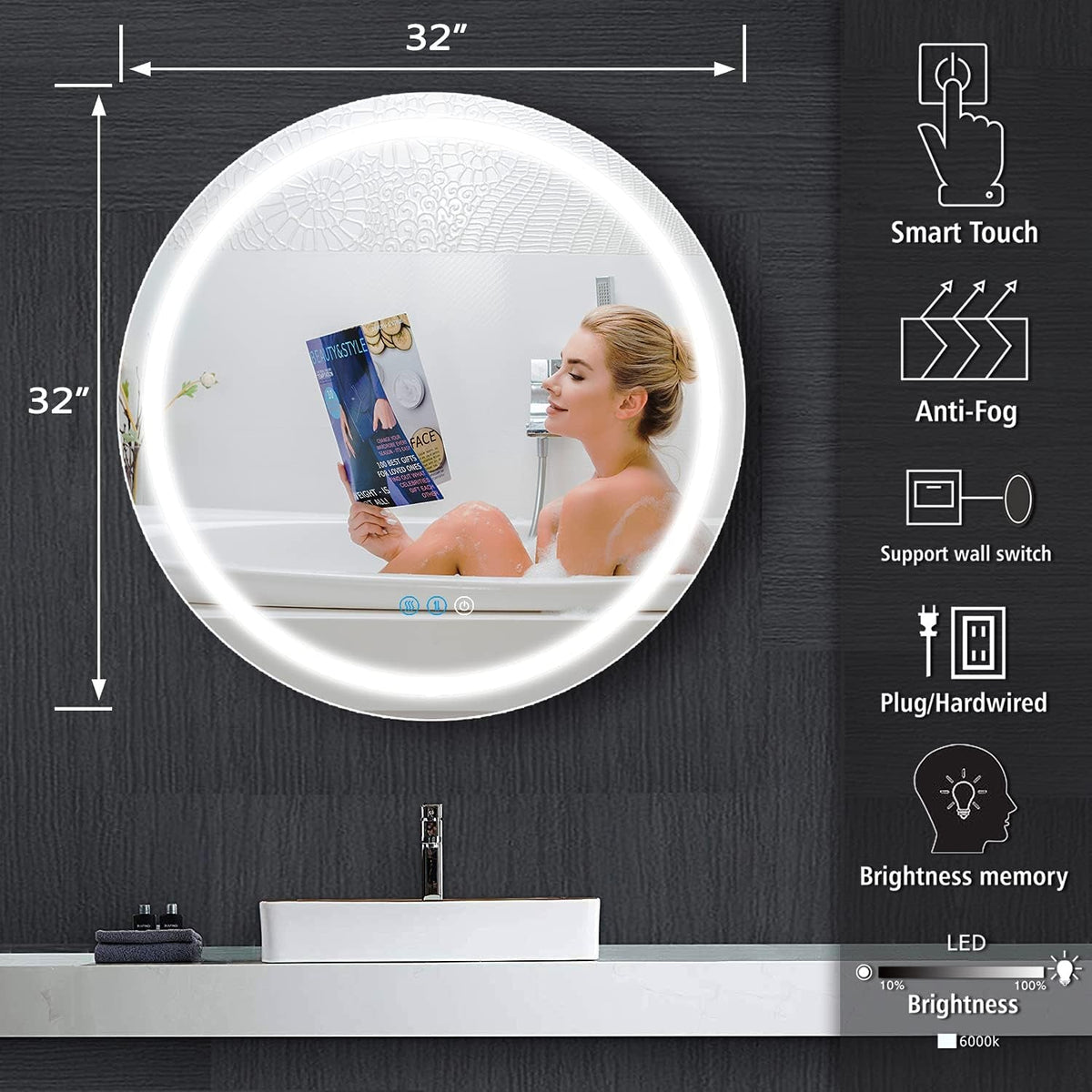 32 Inch Bathroom round LED Mirror with Lights