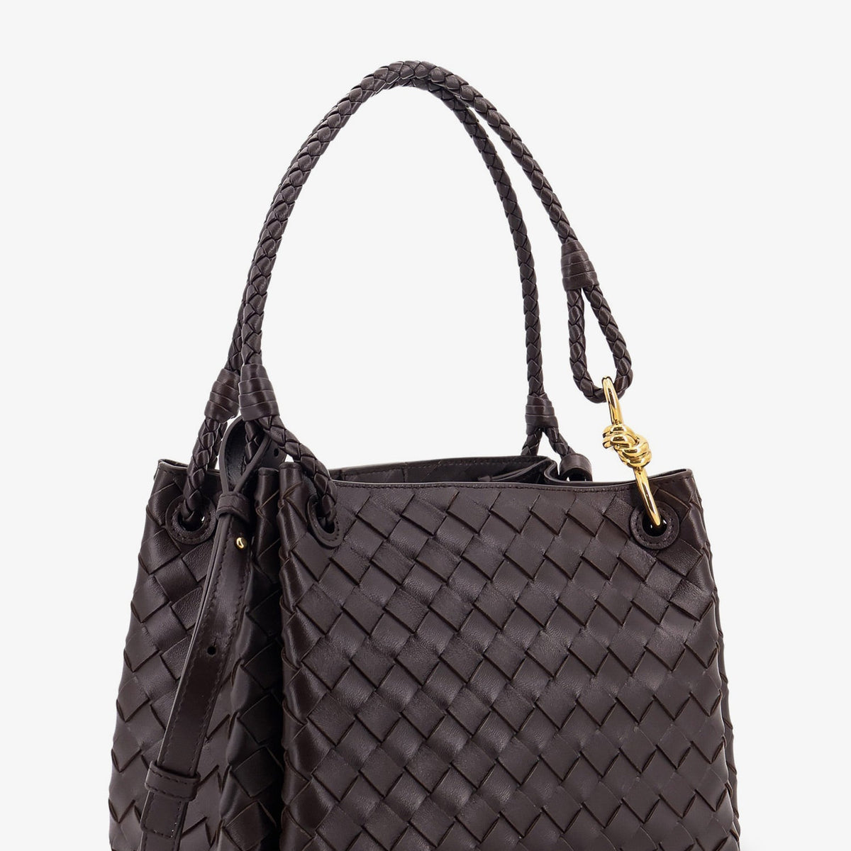 Close-up of Bottega Veneta shoulder bags hardware and fine stitching