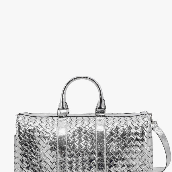 Bottega Veneta Bags? Bottega Veneta Men Silver Leather Duffle Bag With Intrecciato Motif Premium Designer Shoulder Bag