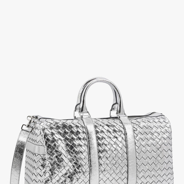 Bottega Veneta Bags? Bottega Veneta Men Silver Leather Duffle Bag With Intrecciato Motif Premium Designer Shoulder Bag