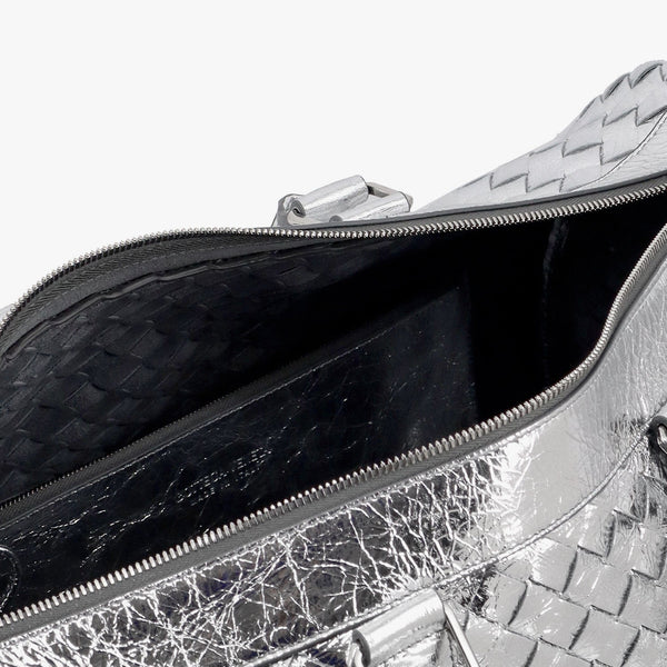 Bottega Veneta Bags? Bottega Veneta Men Silver Leather Duffle Bag With Intrecciato Motif Premium Designer Shoulder Bag