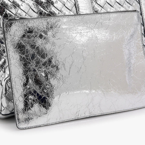 Bottega Veneta Bags? Bottega Veneta Men Silver Leather Duffle Bag With Intrecciato Motif Premium Designer Shoulder Bag