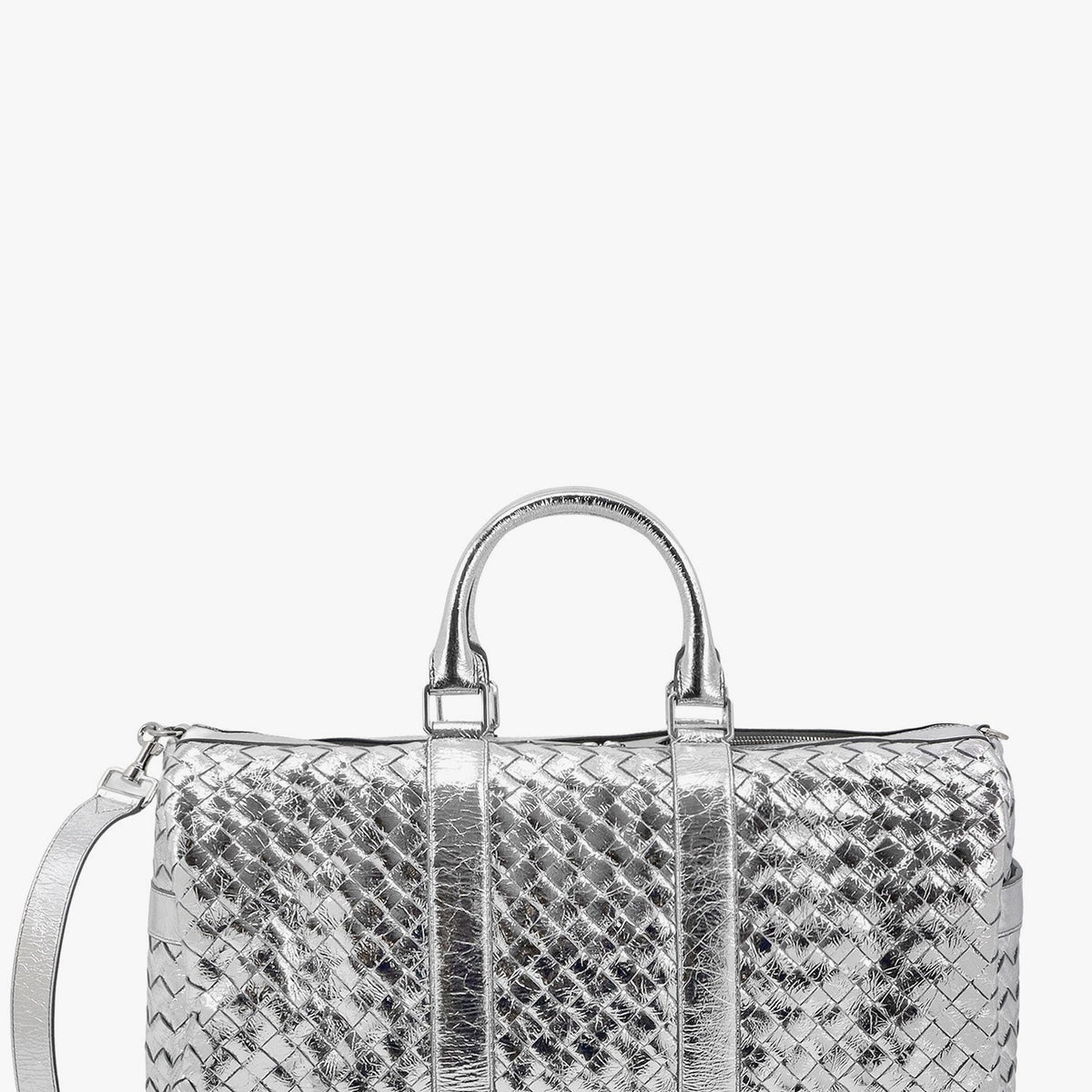 Bottega Veneta Bags? Bottega Veneta Men Silver Leather Duffle Bag With Intrecciato Motif Premium Designer Shoulder Bag