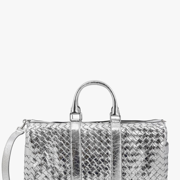 Bottega Veneta Bags? Bottega Veneta Men Silver Leather Duffle Bag With Intrecciato Motif Premium Designer Shoulder Bag