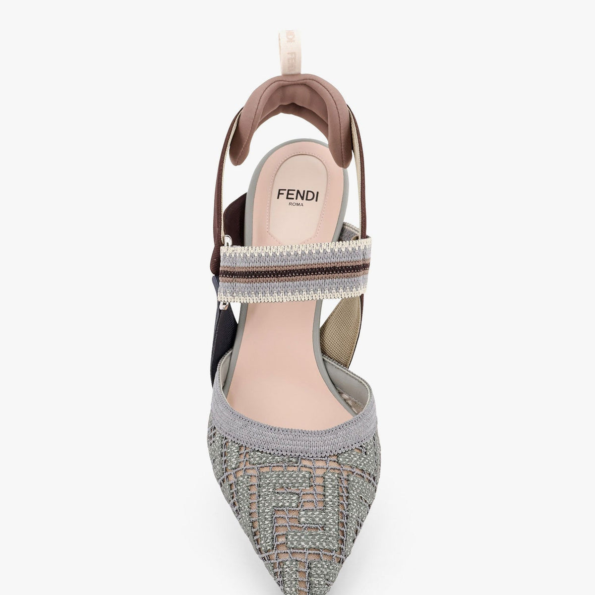 Close-up of Fendi sandals hardware and fine stitching
