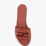 Close-up of Fendi sandals hardware and fine stitching