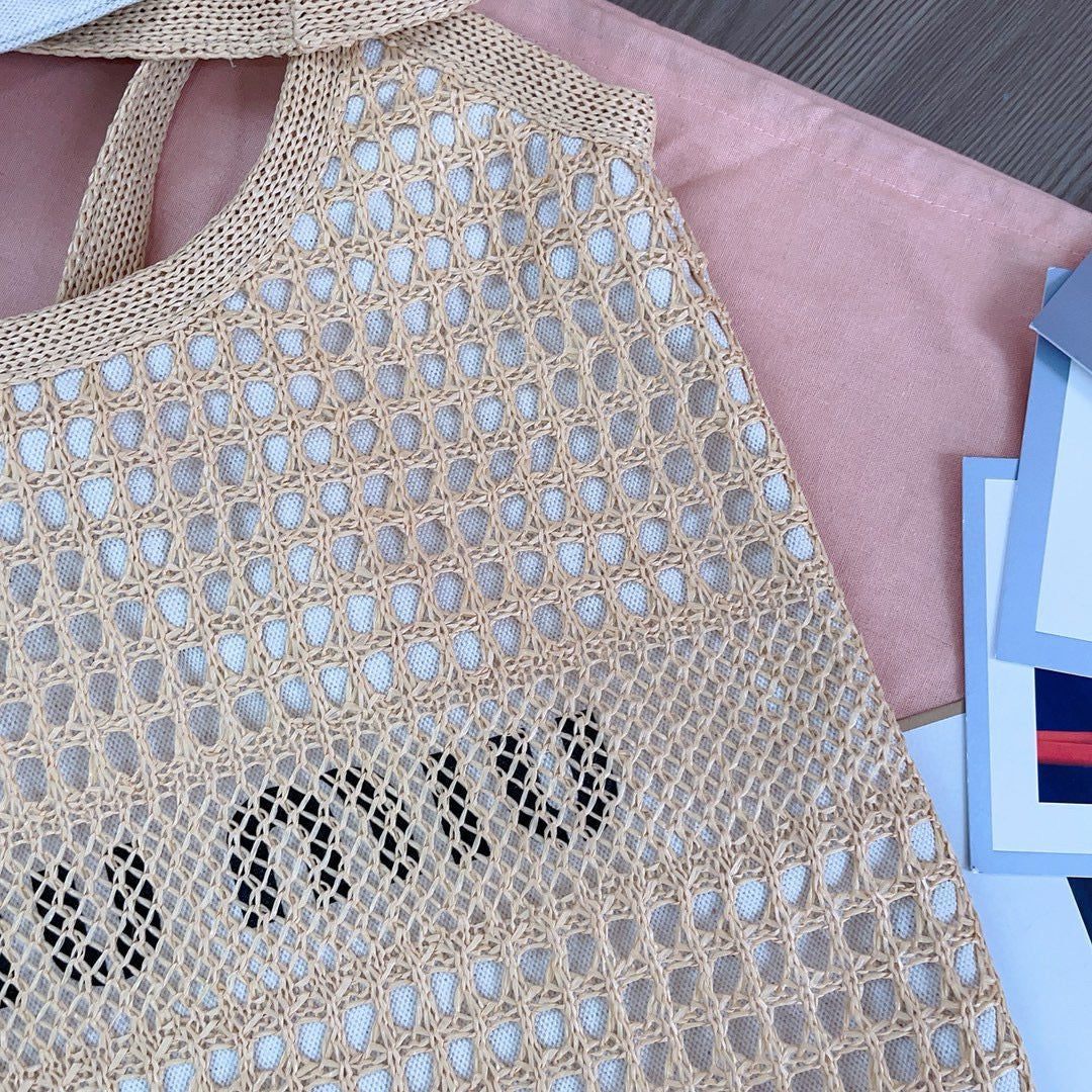 Bags- Miu M Woven Fabric Tote Bag Luxury Designer Leather Handbag