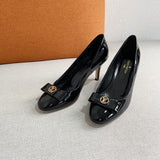 Louis Vuitton Red Block Heel Pumps - Close-Up Texture View