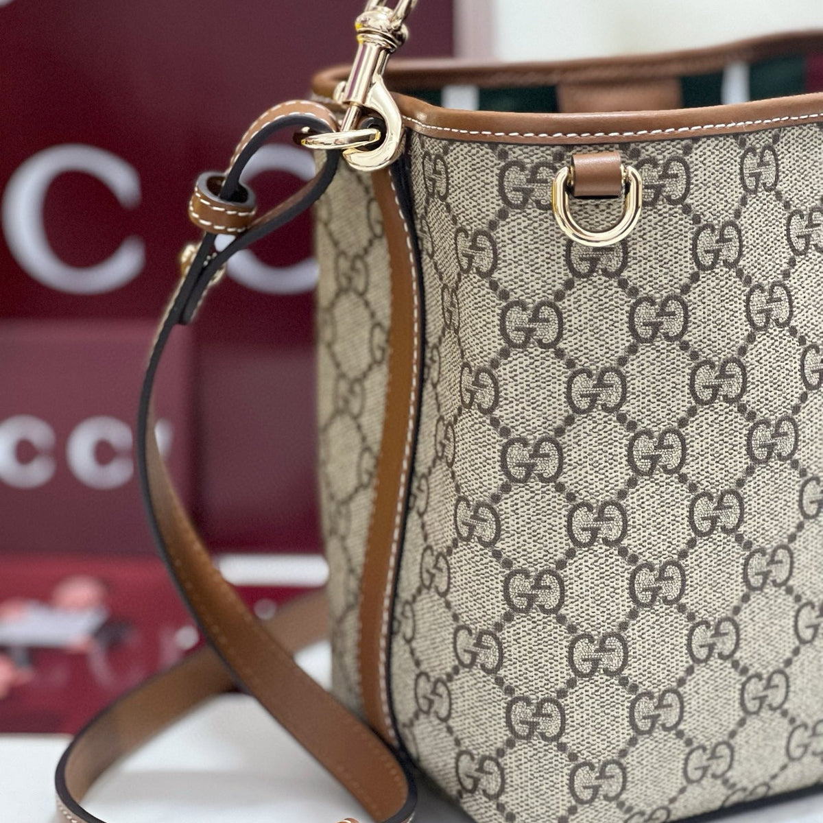 Gucci Emblem Mini Bucket Bag detail shot – designer craftsmanship and quality