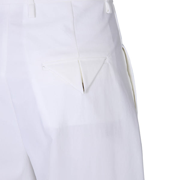 Close-up of Bottega Veneta pants hardware and fine stitching