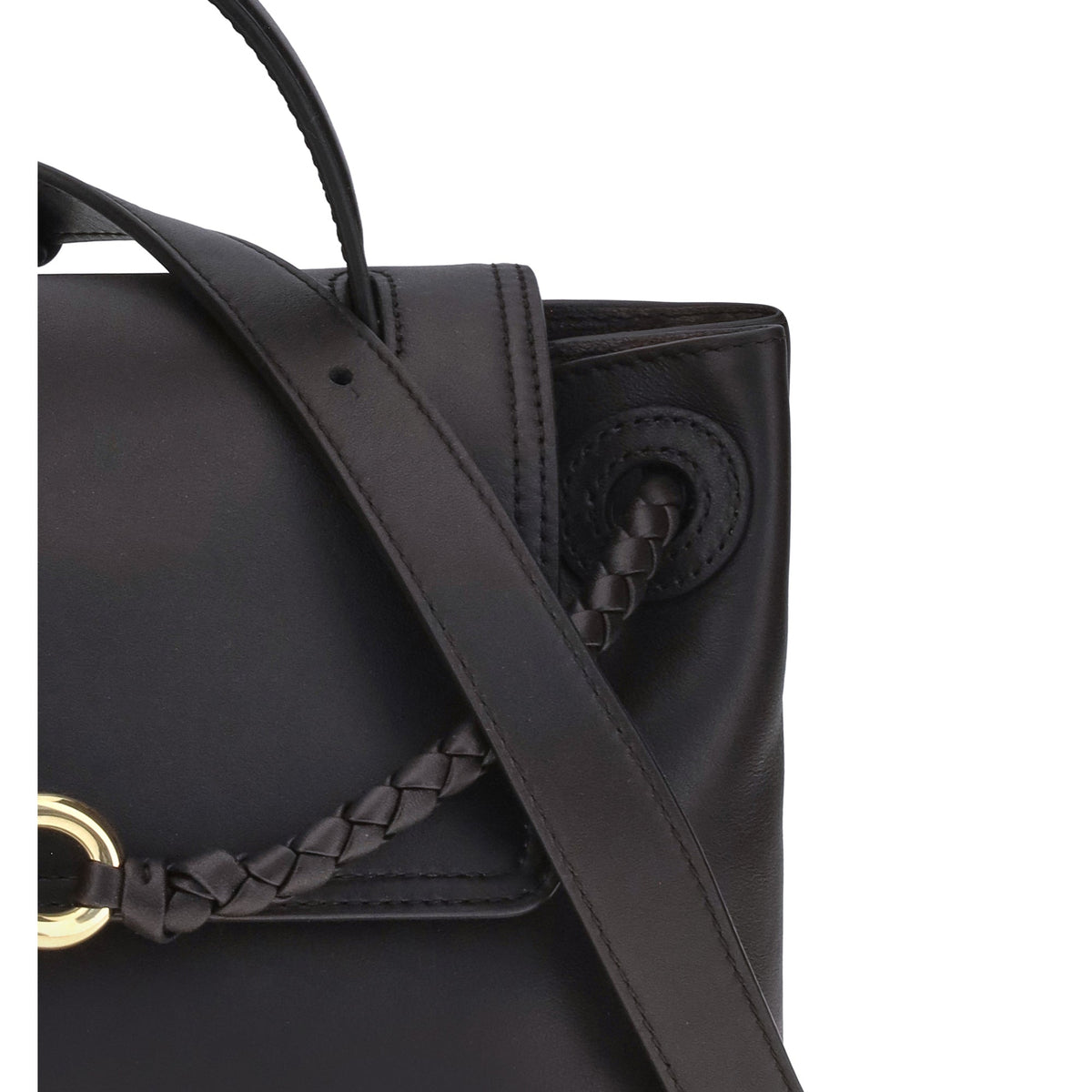 Close-up of Bottega Veneta shoulder bags hardware and fine stitching