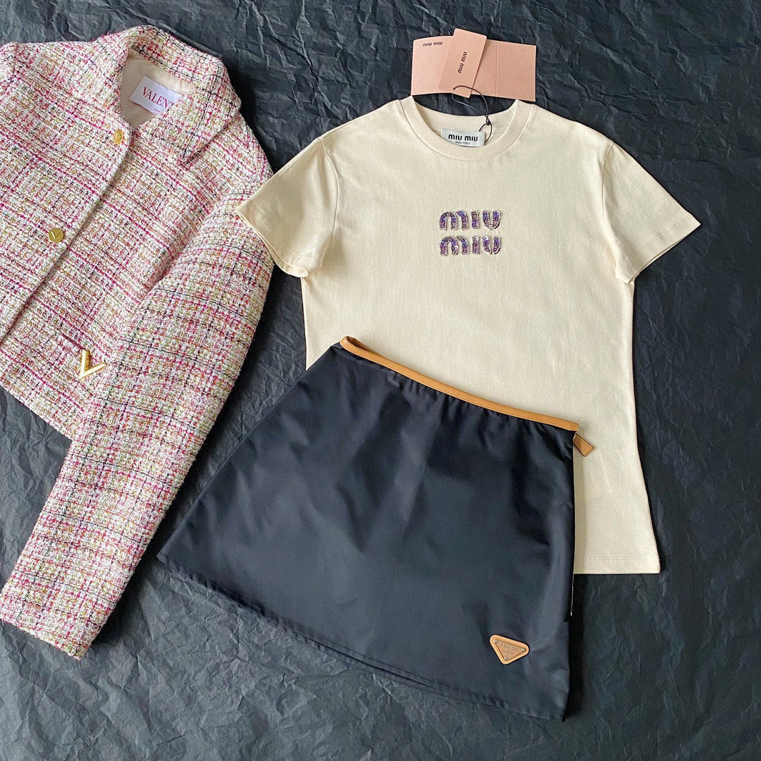 T-Shirts- Miu M T-shirt Casual Everyday Designer Tee