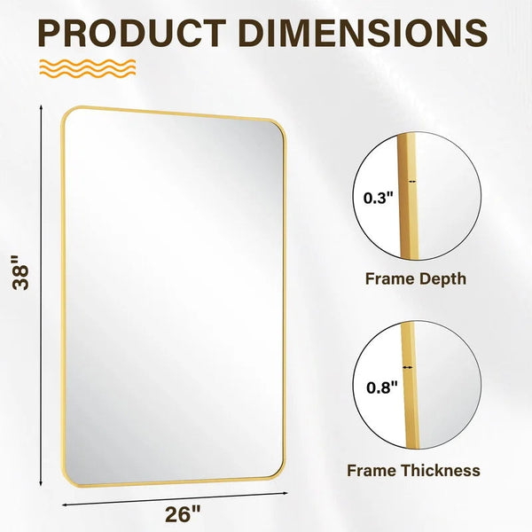 38"X26" Rectangular Bathroom Mirror Round-Edged Wall Mounted Mirror