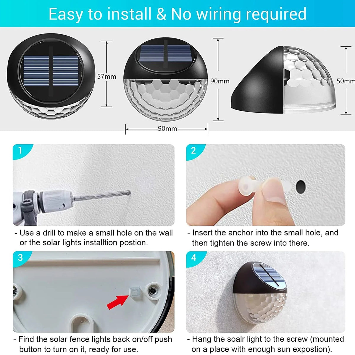Solar Fence Lights, 4 Pack LED Solar Wall Lights Outdoor