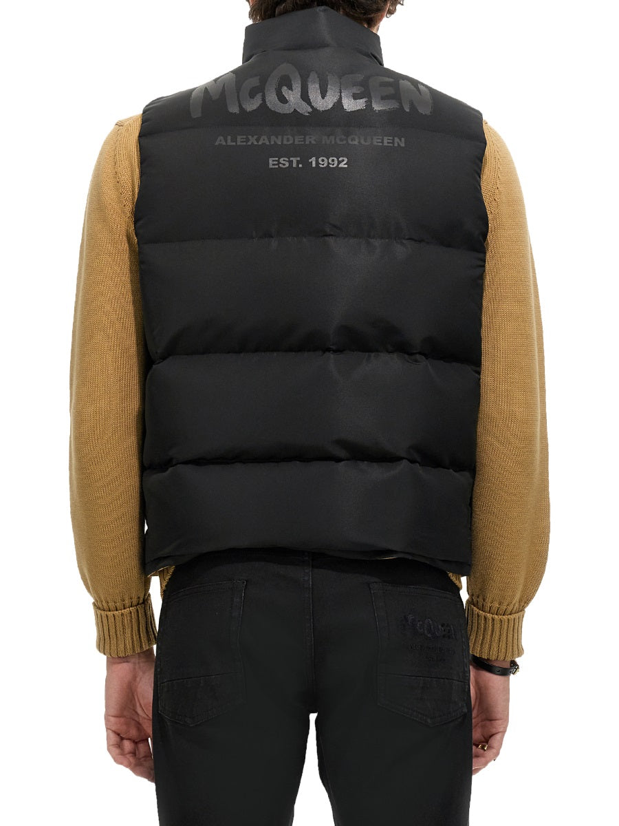 Alexander McQueen Vests? Alexander Mcqueen Men Graffiti Logo Print Down Vest Luxury Casual Designer Gilet