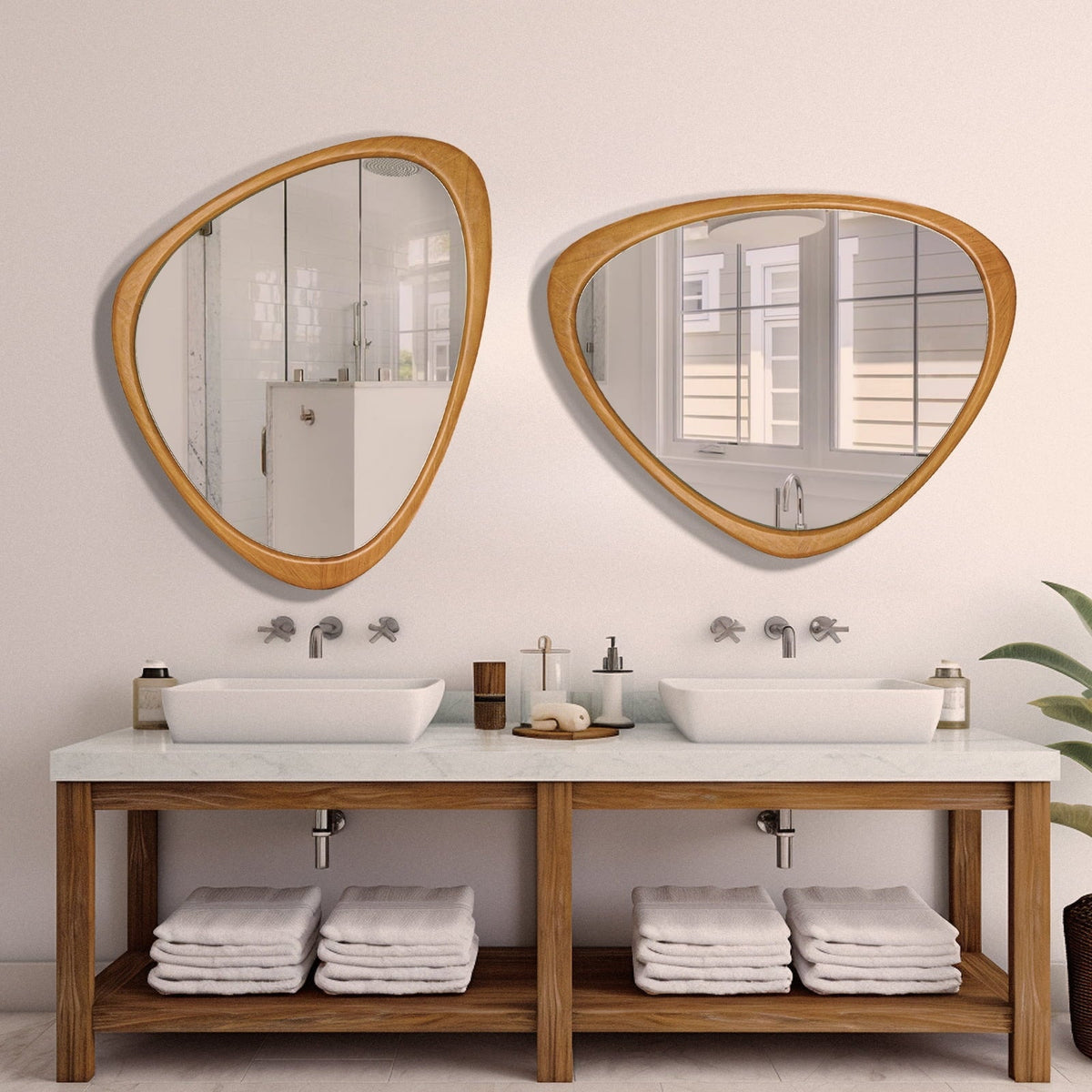 Irregular Natural Wood Frame Wall Mirror for Bathroom