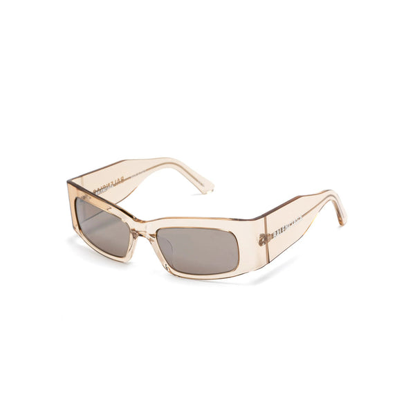 Close-up of Balenciaga sunglasses hardware and fine stitching