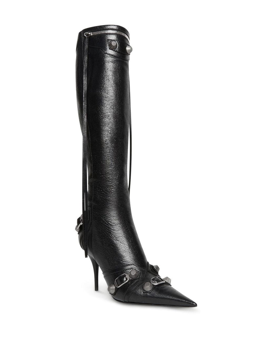 Close-up of Balenciaga boots hardware and fine stitching