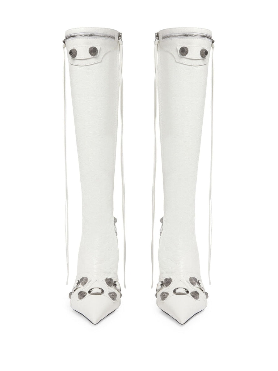 Close-up of Balenciaga boots hardware and fine stitching