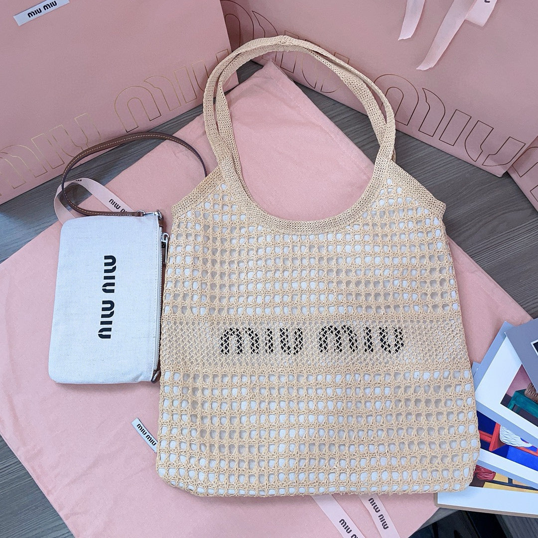 Bags- Miu M Woven Fabric Tote Bag Luxury Designer Leather Handbag