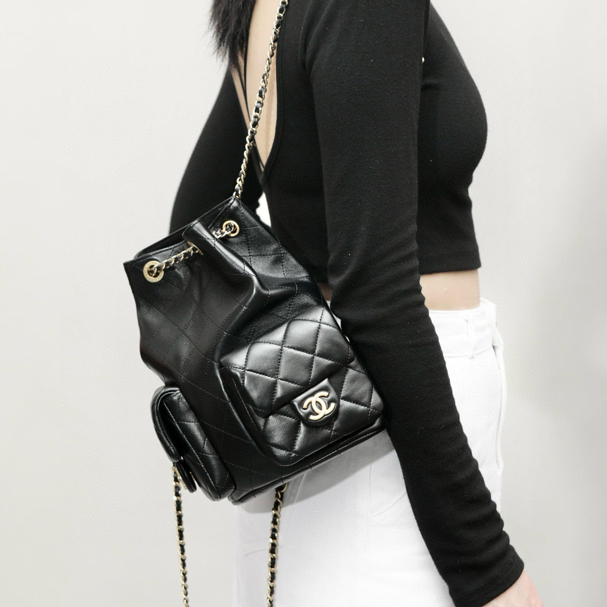 Front view of Chanel 25 Backpack premium bag