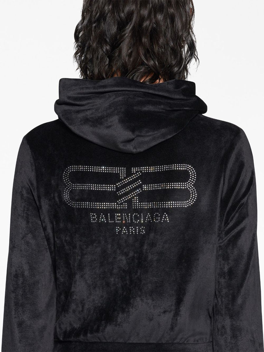 Balenciaga Hoodies? BALENCIAGA Velvet Zip-Up Hoodie with Crystal Embellishments Premium Designer Casual Hoodie