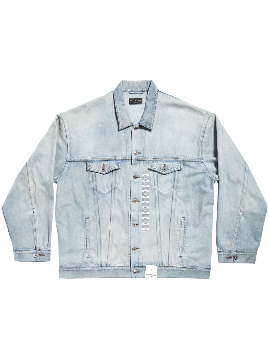Balenciaga Jackets? BALENCIAGA Washed Denim Jacket with Logo Patch Stylish Everyday Designer Outerwear