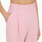 Close-up of Alexander McQueen pants hardware and fine stitching