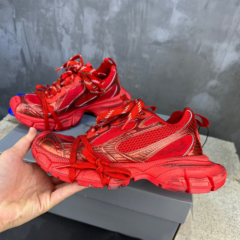 Balenciaga Red High-Top Sneakers - Close-Up Texture View