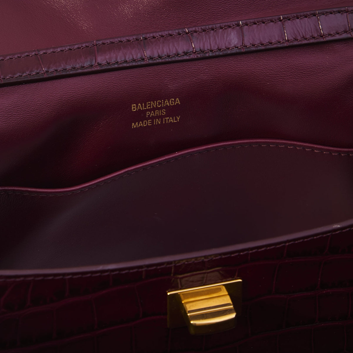 Close-up of Balenciaga handbags hardware and fine stitching
