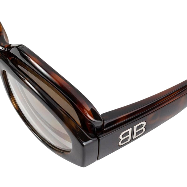 Close-up of Balenciaga sunglasses hardware and fine stitching