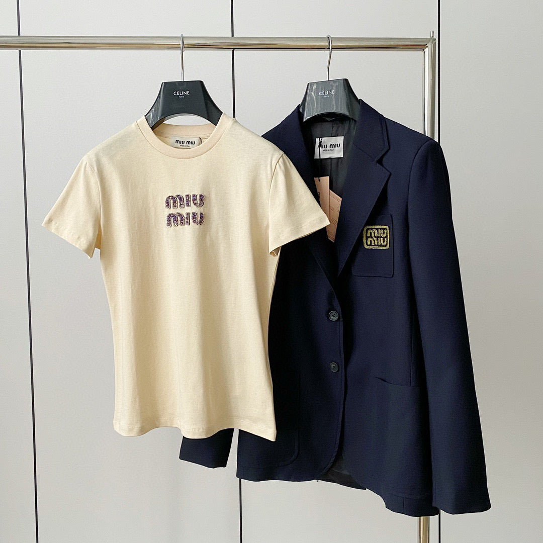 T-Shirts- Miu M T-shirt Casual Everyday Designer Tee