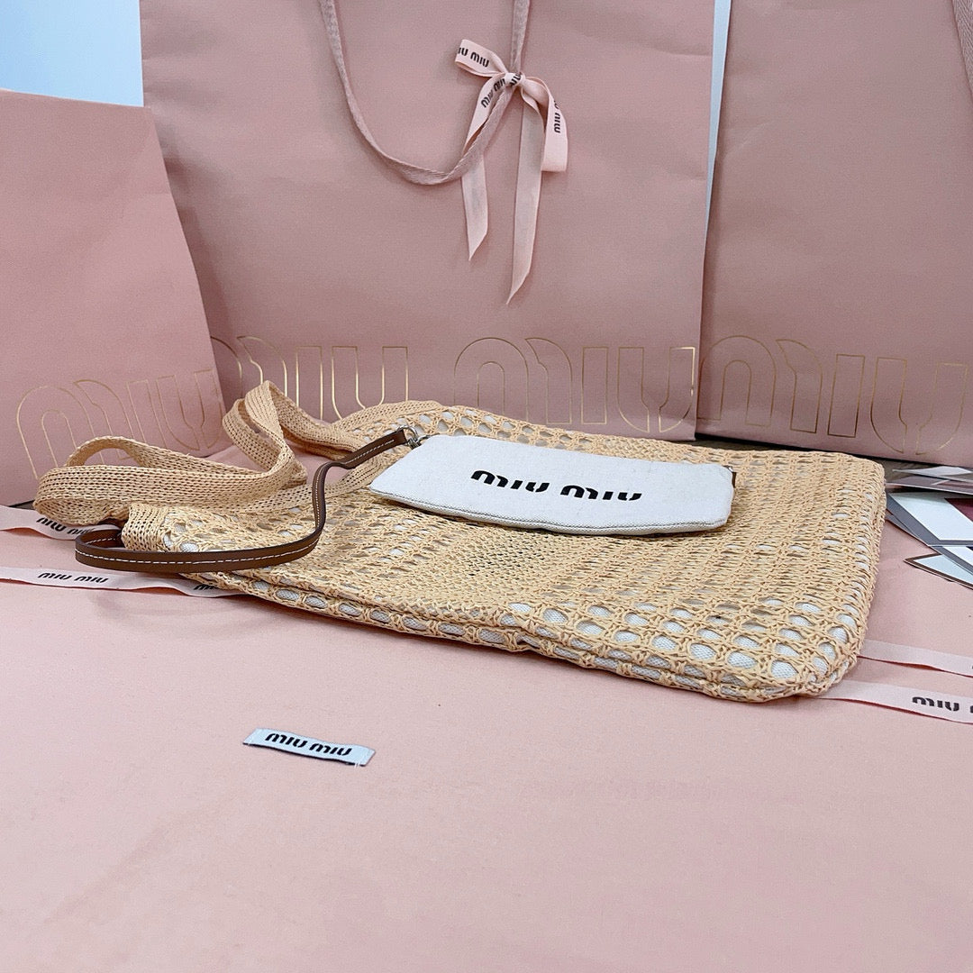 Bags- Miu M Woven Fabric Tote Bag Luxury Designer Leather Handbag