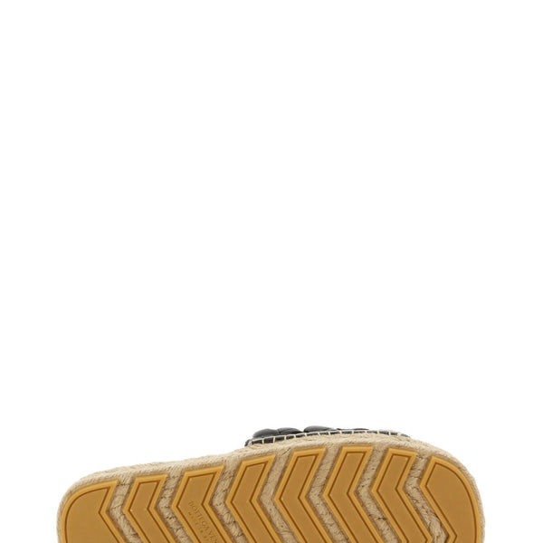 Close-up of Bottega Veneta sandals hardware and fine stitching