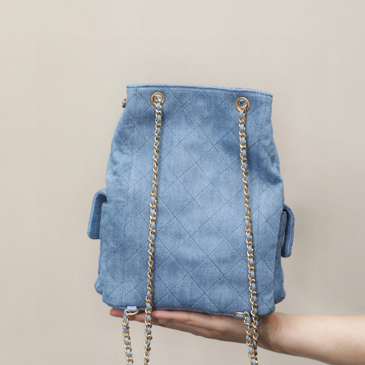 Chanel 25 Denim Backpack detail shot – authentic designer craftsmanship