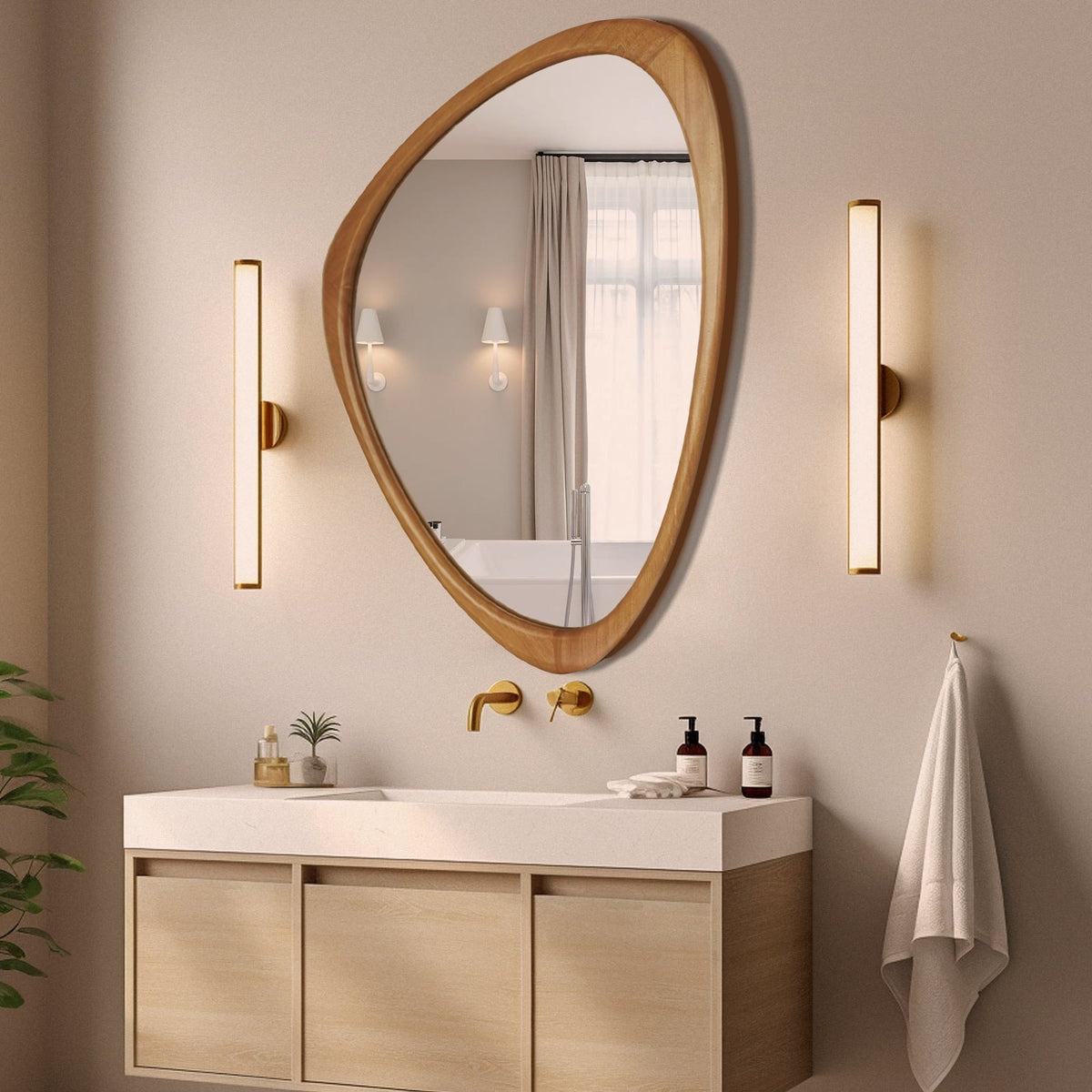 Irregular Natural Wood Frame Wall Mirror for Bathroom