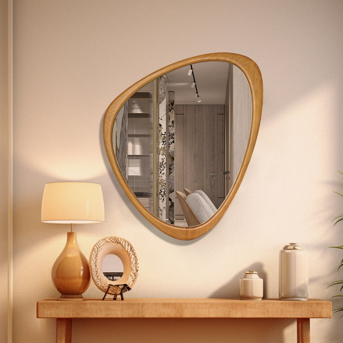 Irregular Natural Wood Frame Wall Mirror for Bathroom