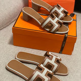 Hermès Grey Block Heel Sandals - Front View