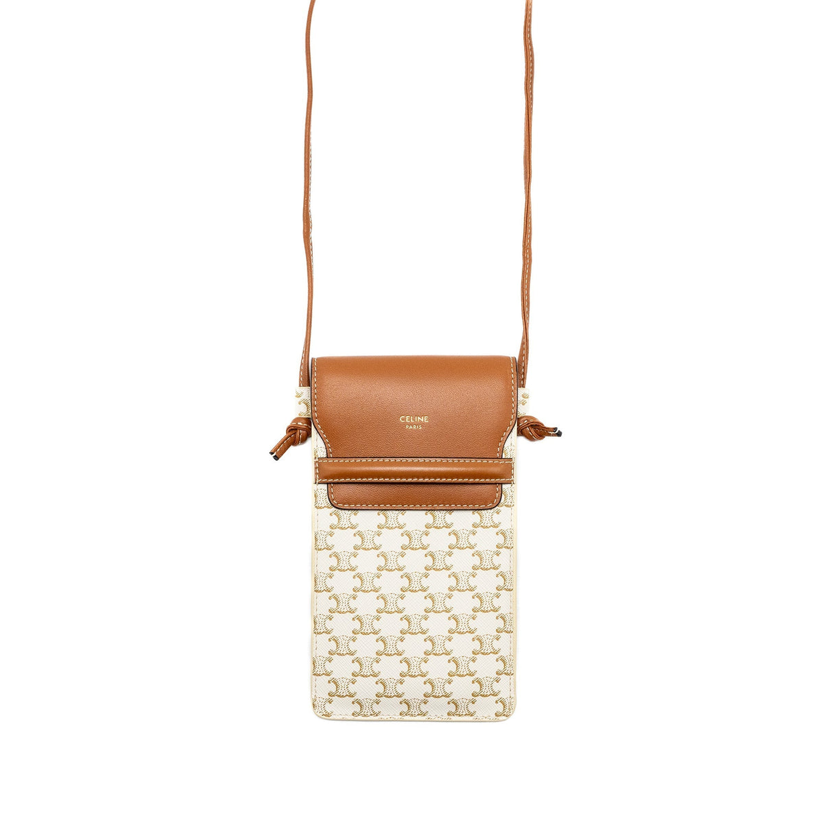Celine Bags? Celine Phone Pouch with Flap Triomphe Canvas Lambskin White Tan Premium Designer Shoulder Bag