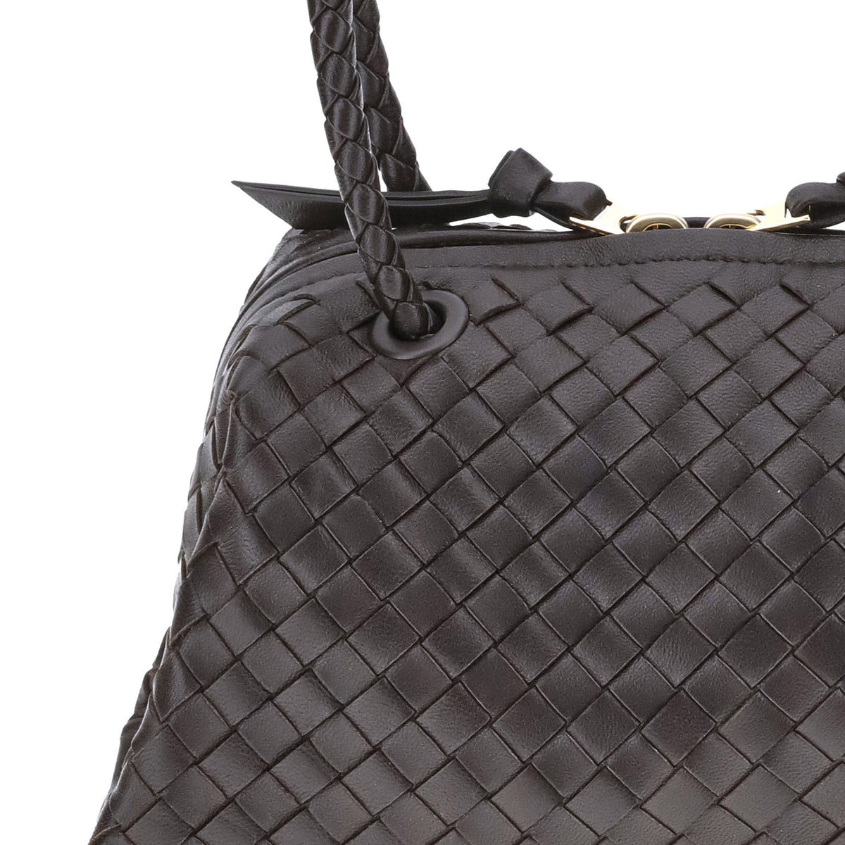 Close-up of Bottega Veneta shoulder bags hardware and fine stitching