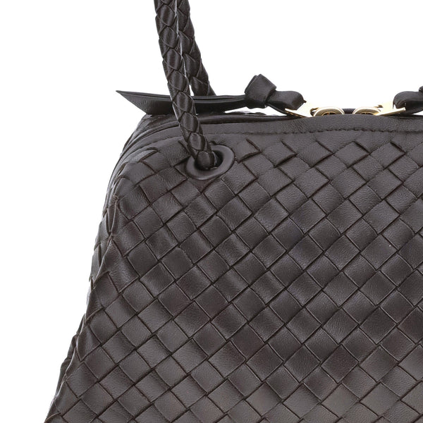 Close-up of Bottega Veneta shoulder bags hardware and fine stitching