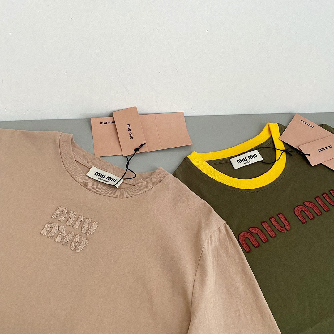 T-Shirts- Miu M T-shirt Casual Everyday Designer Tee