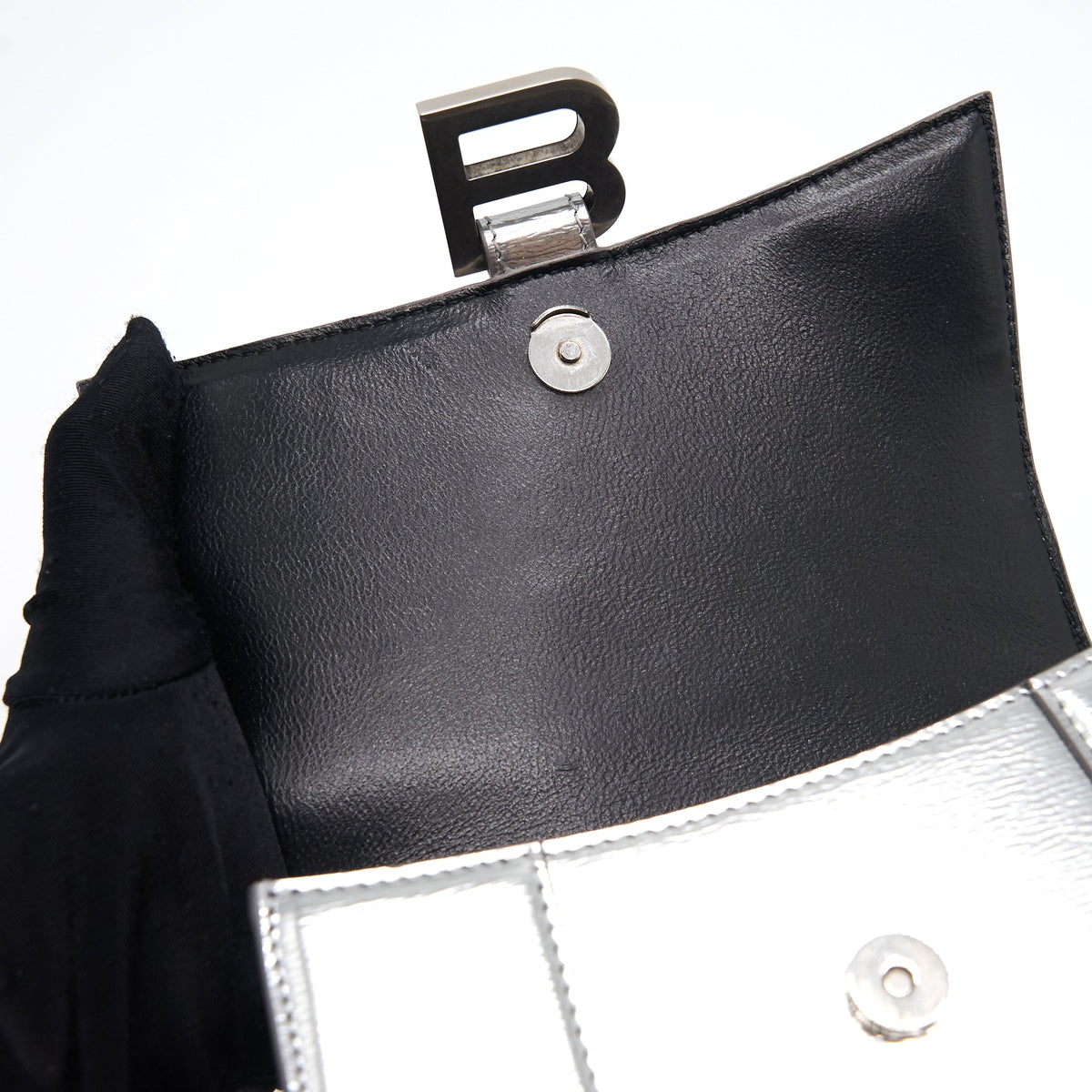 Side view of Balenciaga handbag Silver premium designer bag