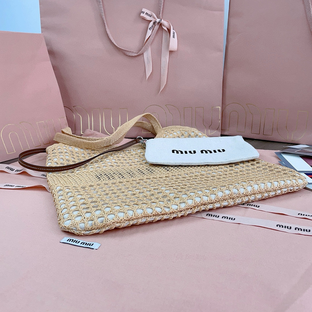 Bags- Miu M Woven Fabric Tote Bag Luxury Designer Leather Handbag