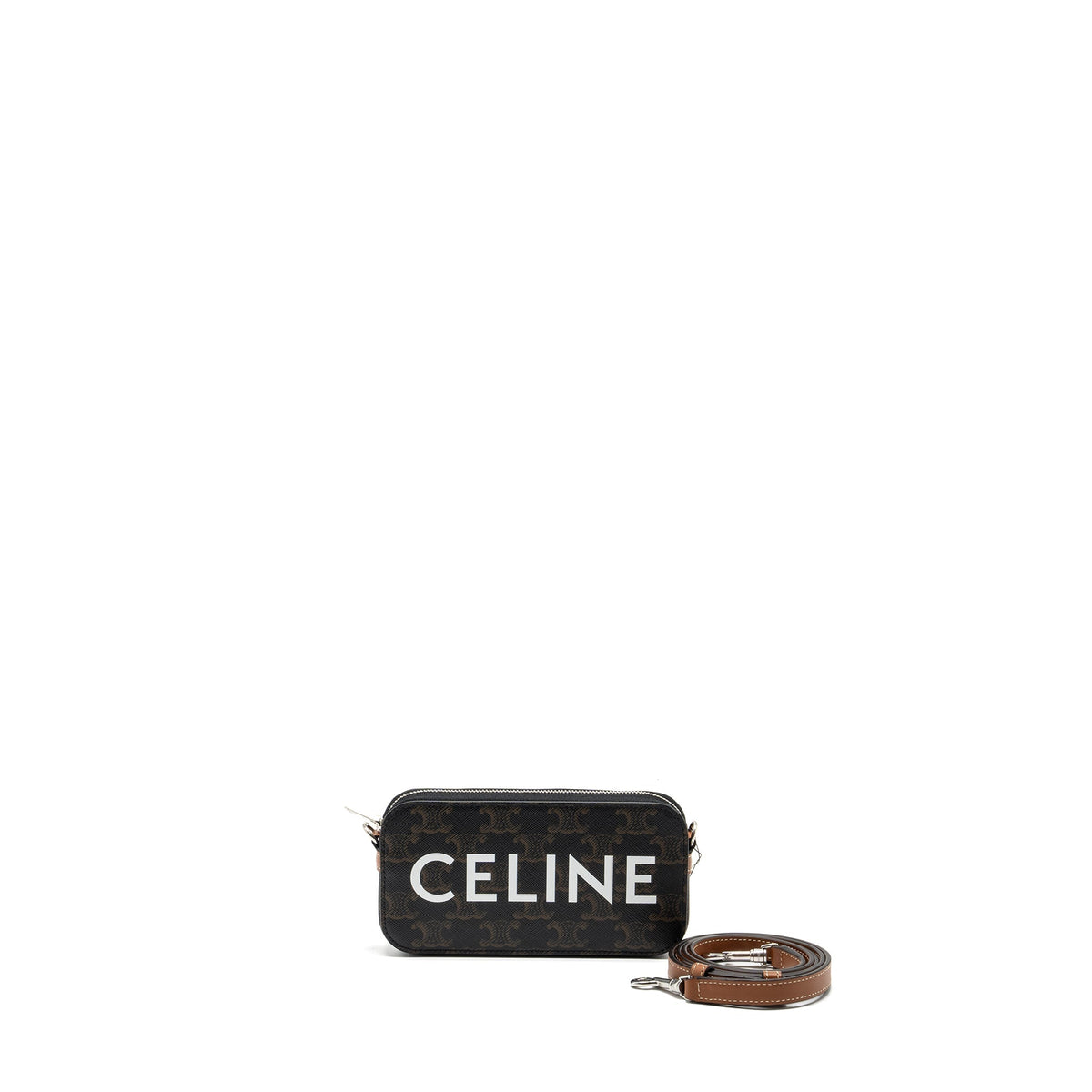 Celine Bags? Celine Horizontal Triomphe Logo Print Pouch Coated Canvas Leather Tan Brown SHW Luxury Designer Leather Handbag