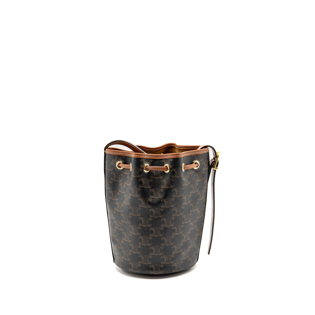 Celine Bags? Celine Small Drawstring Bag Triomphe Canvas Calfskin Tan GHW Premium Designer Shoulder Bag