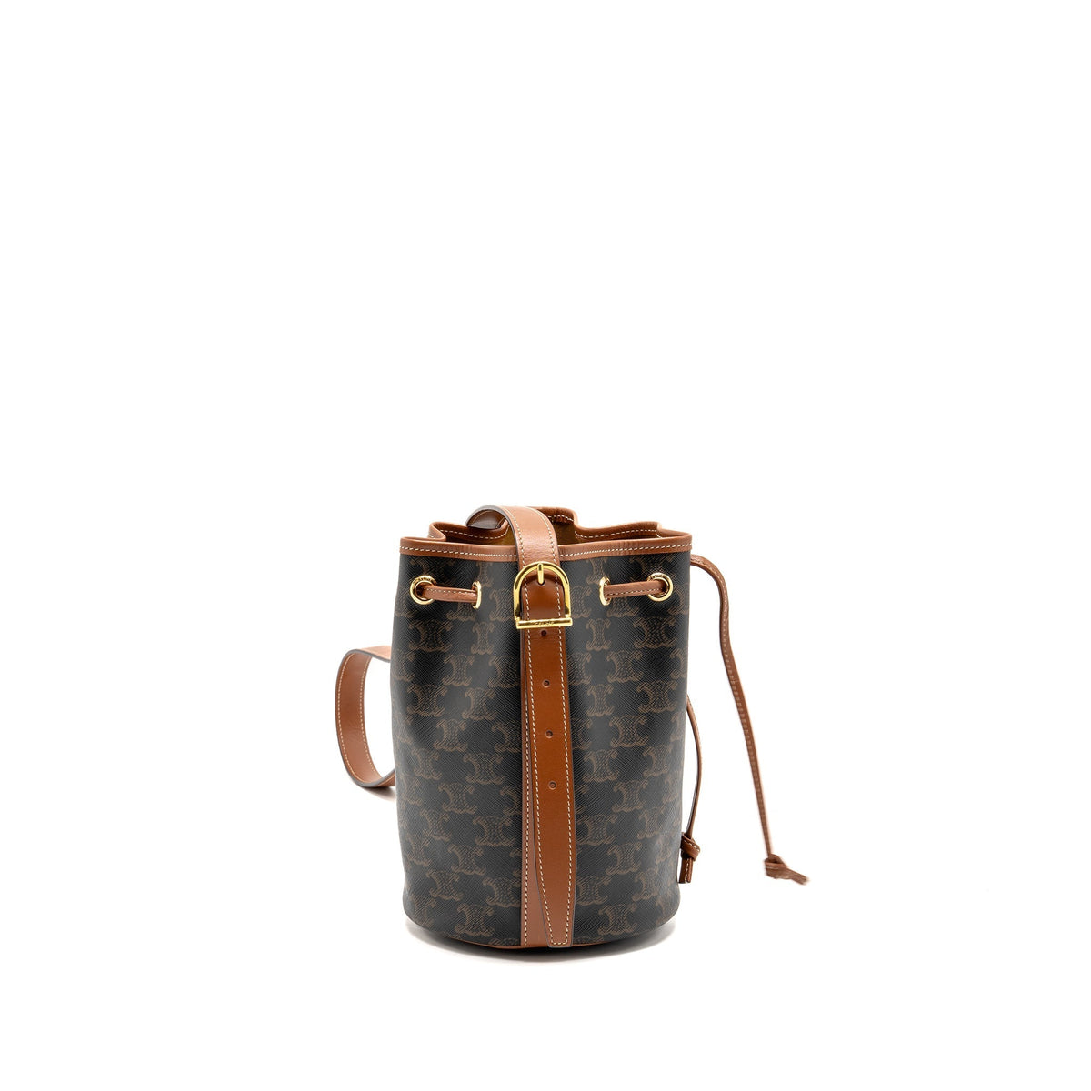 Celine Bags? Celine Small Drawstring Bag Triomphe Canvas Calfskin Tan GHW Premium Designer Shoulder Bag