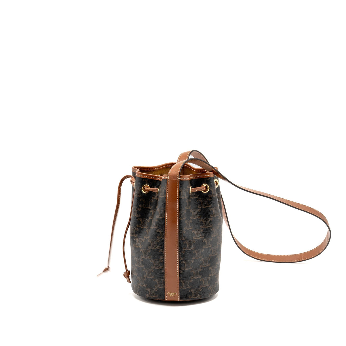 Celine Bags? Celine Small Drawstring Bag Triomphe Canvas Calfskin Tan GHW Premium Designer Shoulder Bag